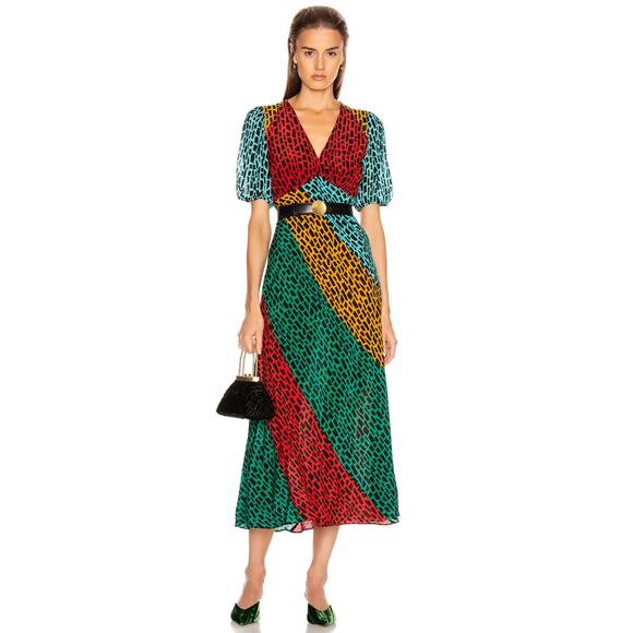 Rixo Amber Tricolor Giraffe Animal Print Maxi Silk Dress Size Medium - Picture 1 of 7